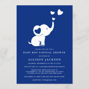Elephant Minimal Baby Boy Virtual Shower Navy Blue Invitation