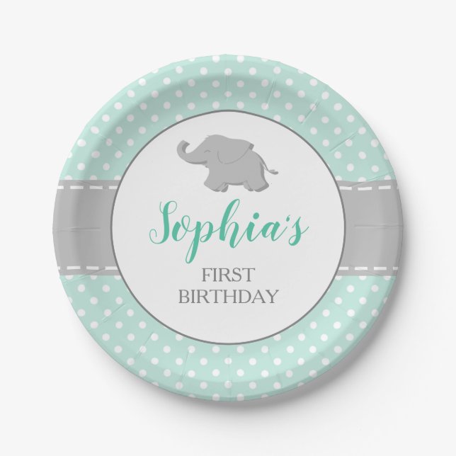 Elephant Mint Green Polka Dot 1st Birthday Party Paper Plate (Front)