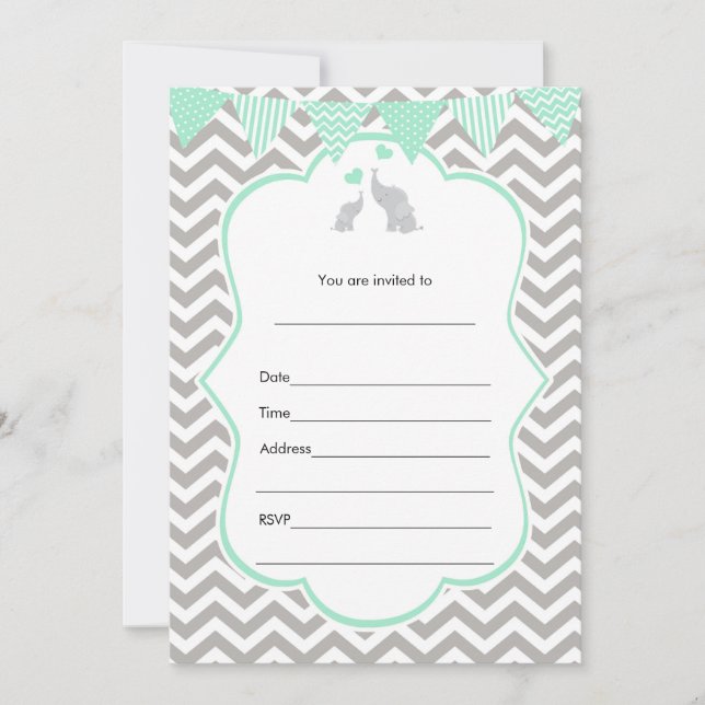 Elephant mint green silver invitation (Front)
