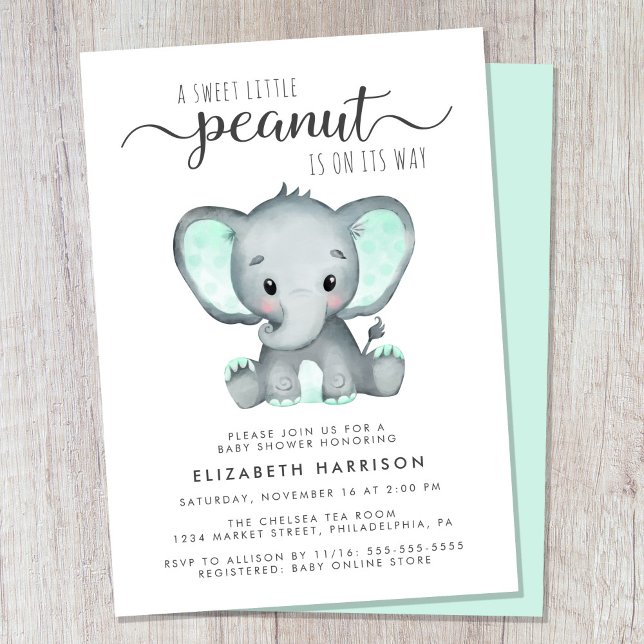 Elephant Mint Green Watercolor Baby Shower Invitation (Cute gender-neutral baby shower invitation)