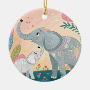 Elephant Mom and Baby Ceramic Tree Decoration