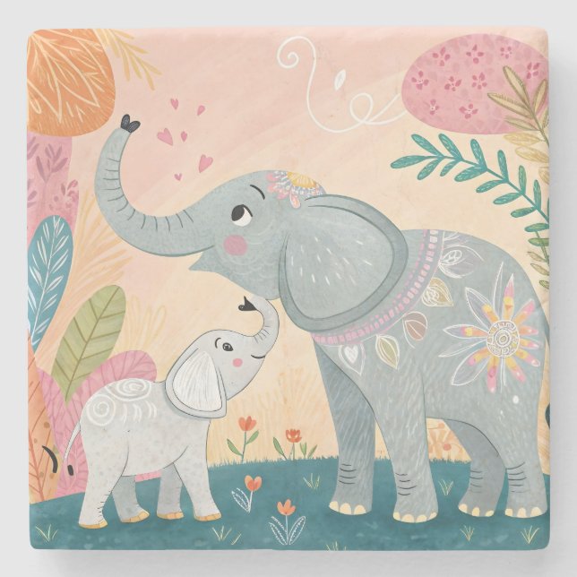 Elephant Mom and Baby Stone Coaster (Front)