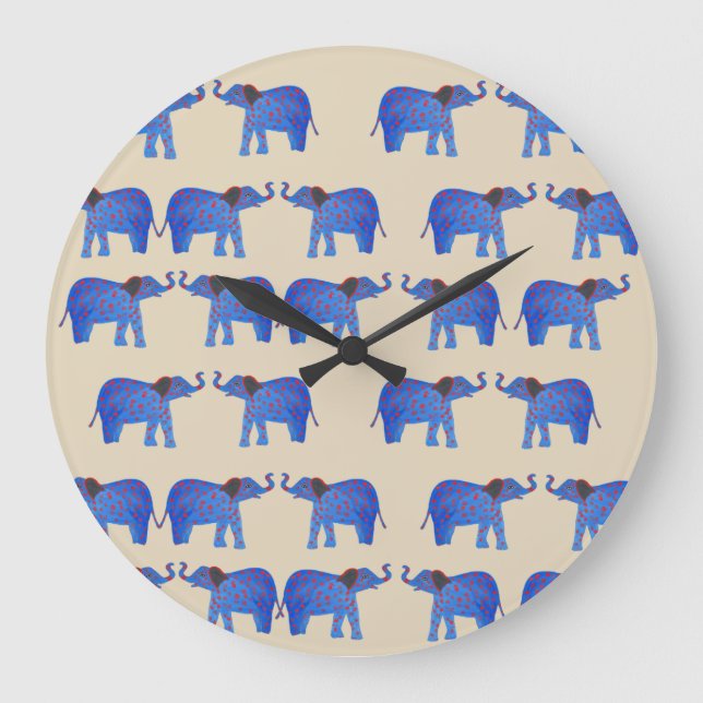 Elephant Mood Wall Clock,  Blue elephant pattern Large Clock (Front)