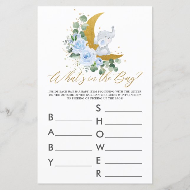 Elephant Moon Blue Floral What's In the Bag Game (Front)