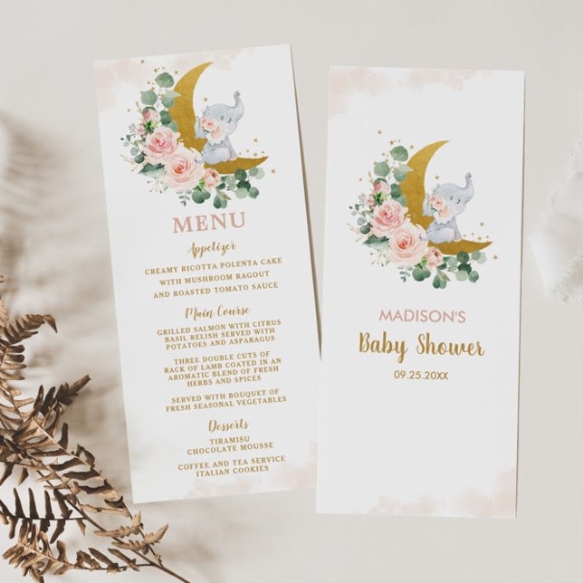 Elephant Moon Blush Floral Roses Baby Shower Menu (Creator Uploaded)