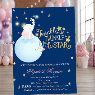 Elephant,Moon,Glitter StarsNavy Blue Baby Shower Invitation