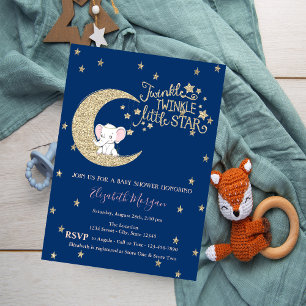 Elephant,Moon,Glitter Twinkle Star Baby Shower Invitation