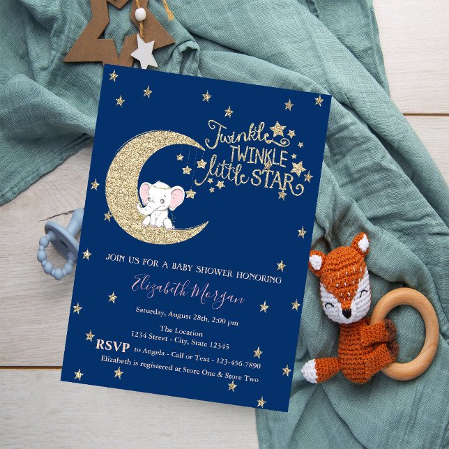 Elephant,Moon,Glitter  Twinkle Star Baby Shower Invitation (Creator Uploaded)