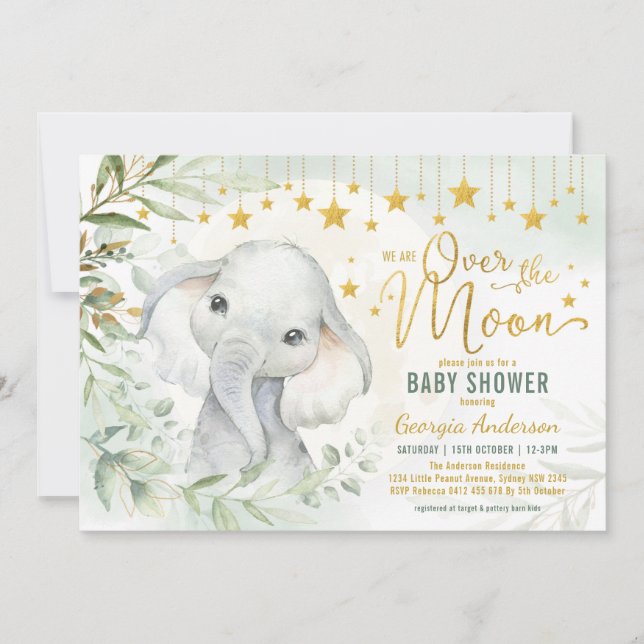 Elephant Moon & Stars Greenery Baby Shower Invitation (Front)