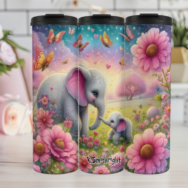 Elephant Mother and Baby in Flower Meadow Thermal Tumbler (Creator Uploaded)