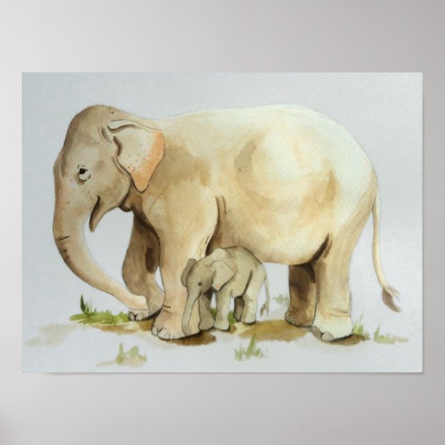 Elephant Mother and Baby Watercolor Print 16x12 (Front)