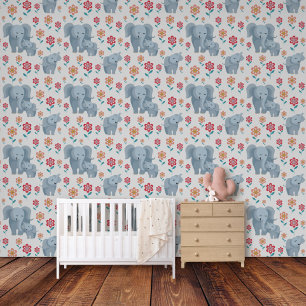 Elephant mother, baby flowers pattern nursery wallpaper