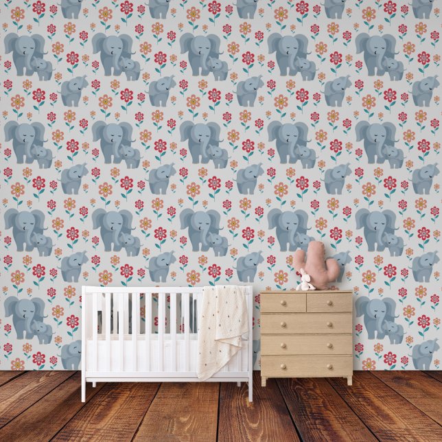 Elephant mother, baby flowers pattern nursery wallpaper (Creator Uploaded)