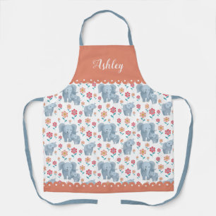 Elephant mother with baby, flowers pattern, border apron