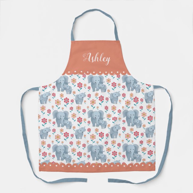Elephant mother with baby, flowers pattern, border apron (Front)
