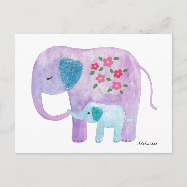 Elephant Mum & baby Postcard Cute elephant Card (Front)