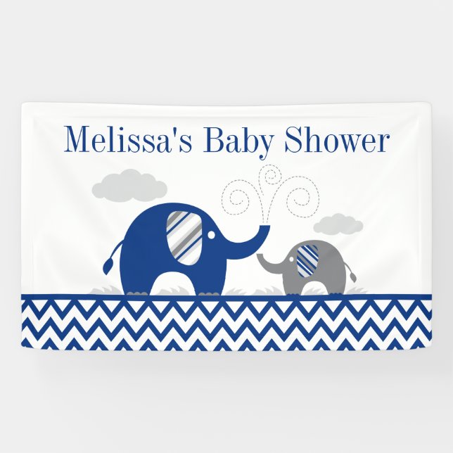 Elephant Navy Blue Grey Baby Shower Banner (Horizontal)
