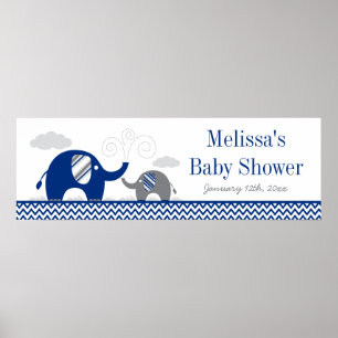 Elephant Navy Blue Grey Baby Shower Banner Poster