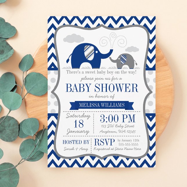 Elephant Navy Blue Grey Baby Shower Invitation (Creator Uploaded)