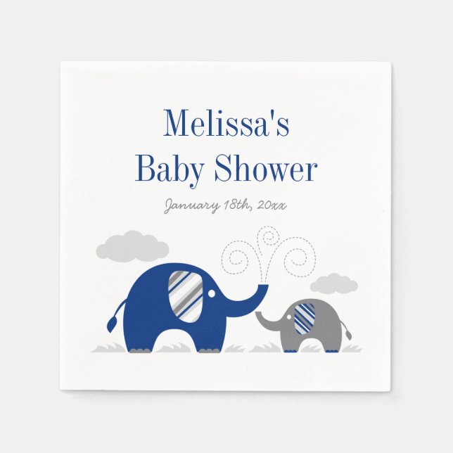 Elephant Navy Blue Grey Baby Shower Napkin (Front)