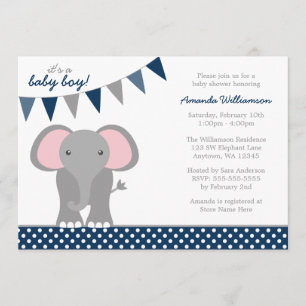 Elephant Navy Polka Dot Banner Boy Baby Shower Invitation