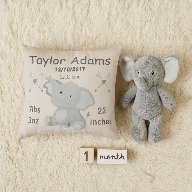 Elephant Nursery Room Décor Baby Birth Stats Cushion (Creator Uploaded)