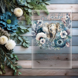 Elephant Oh Baby Blue Floral Baby Shower Acrylic Invitations