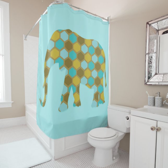 Elephant Olive Green Sky Blue Shower Curtain (In Situ)