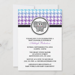 Elephant Ombre Aqua Purple Houndstooth Baby Shower Invitation