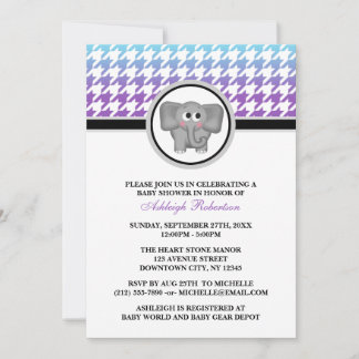 Elephant Ombre Aqua Purple Houndstooth Baby Shower Invitation