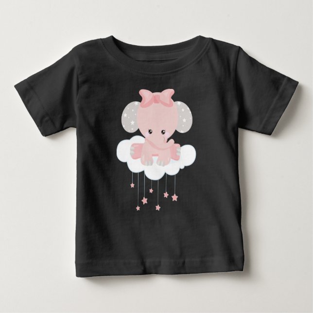 Elephant On A Cloud, Cute Elephant, Crown, Stars Baby T-Shirt (Front)