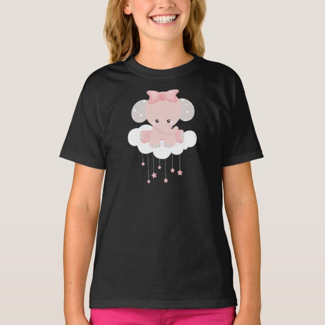 Elephant On A Cloud, Cute Elephant, Crown, Stars T-Shirt (Front)