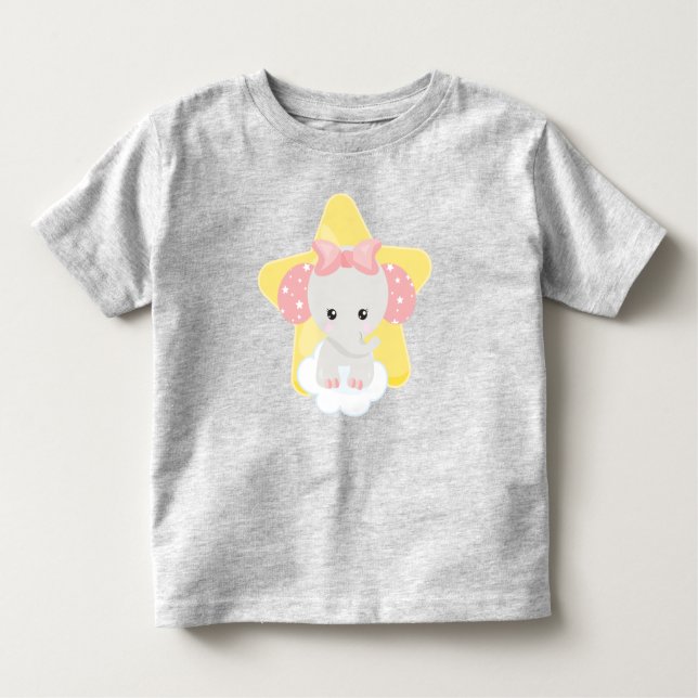 Elephant On A Cloud, Cute Elephant, Stars, Ribbon Toddler T-Shirt (Front)