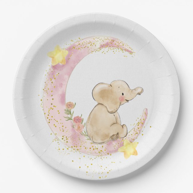 Elephant on a Moon with Glitter Paper Plate (Front)