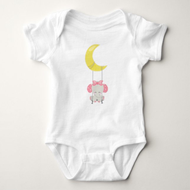 Elephant On A Swing, Cute Elephant, Crown, Moon Baby Bodysuit (Front)