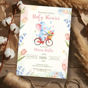 Elephant on Bike Floral Baby Shower Invitation