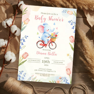 Elephant on Bike Floral Baby Shower Invitation