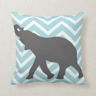 Elephant on Chevron Zigzag - Aqua Blue and White Cushion
