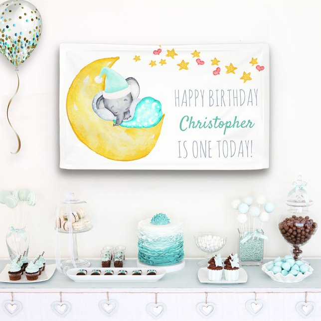 Elephant on Moon Little Boys Birthday Party Banner (Creator Uploaded)