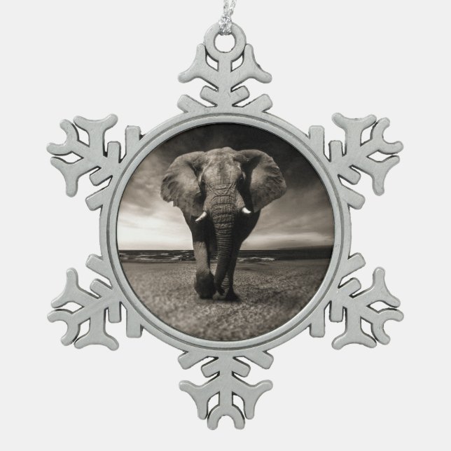 Elephant on the Run Snowflake Pewter Christmas Ornament (Front)