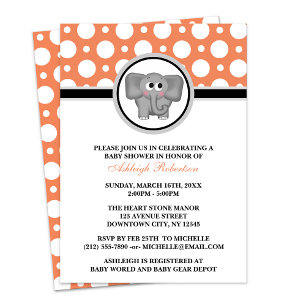 Elephant Orange Polka Dot Baby Shower Invitations