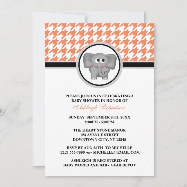 Elephant Orange & White Houndstooth Baby Shower Invitation (Front)