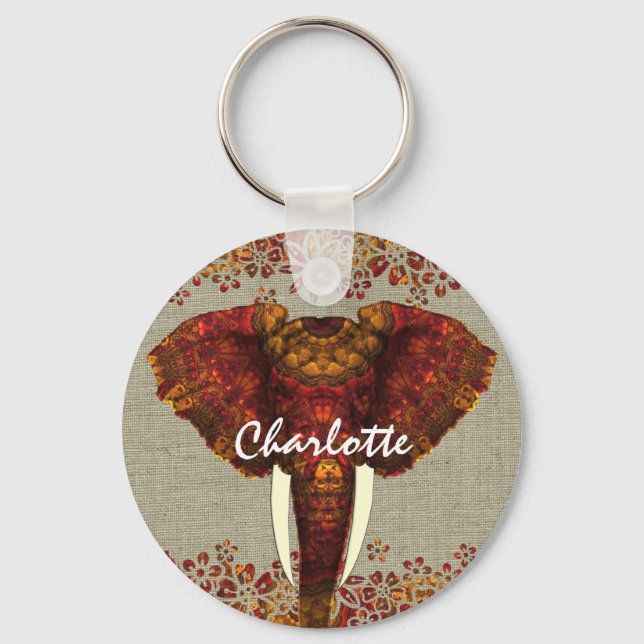 Elephant Ornate Rustic Colours Stylish Key Ring (Front)