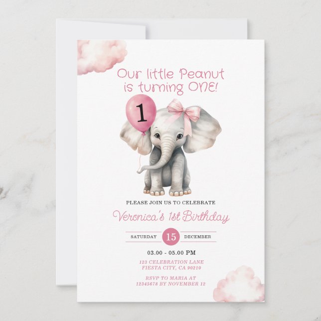 Elephant Our Little Peanut is turning one birthday Invitation (Front)