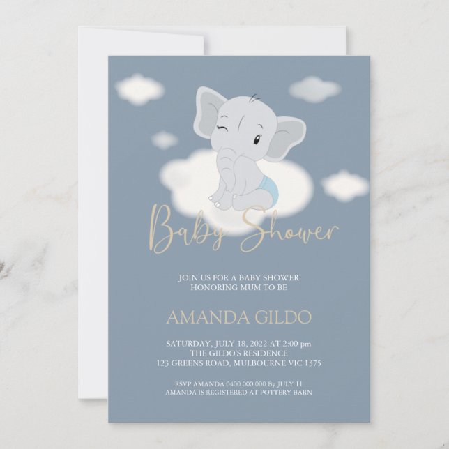 Elephant over the cloud baby shower invite (Front)