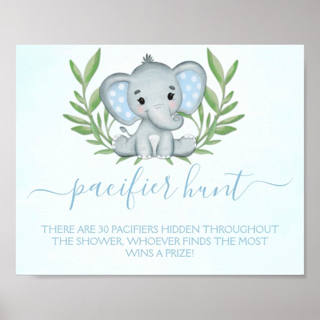 Elephant Pacifier Hunt Boy Baby Shower Game Poster (Front)