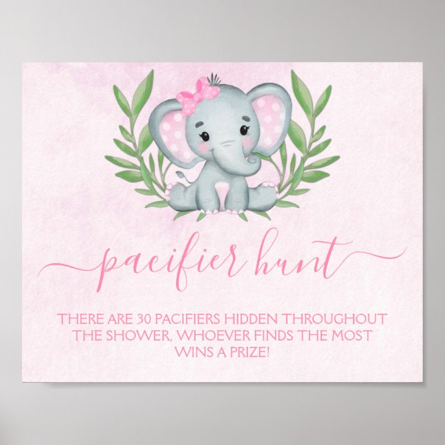 Elephant Pacifier Hunt Girl Baby Shower Game Poster (Front)