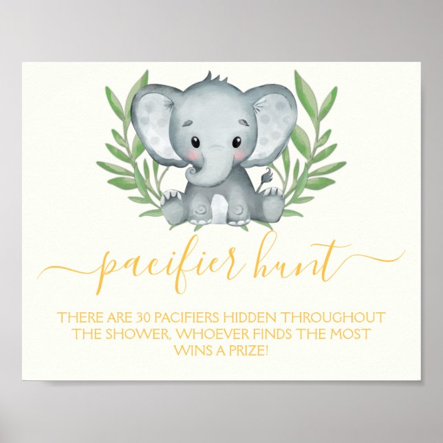 Elephant Pacifier Hunt Neutral Baby Shower Game Poster (Front)