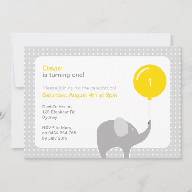 Elephant Party Invitation, Yellow & Gray Invitation (Front)
