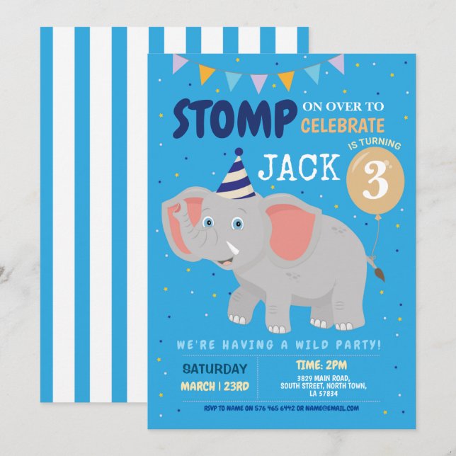 Elephant Party Kids Birthday Wild Fun Invitation (Front/Back)